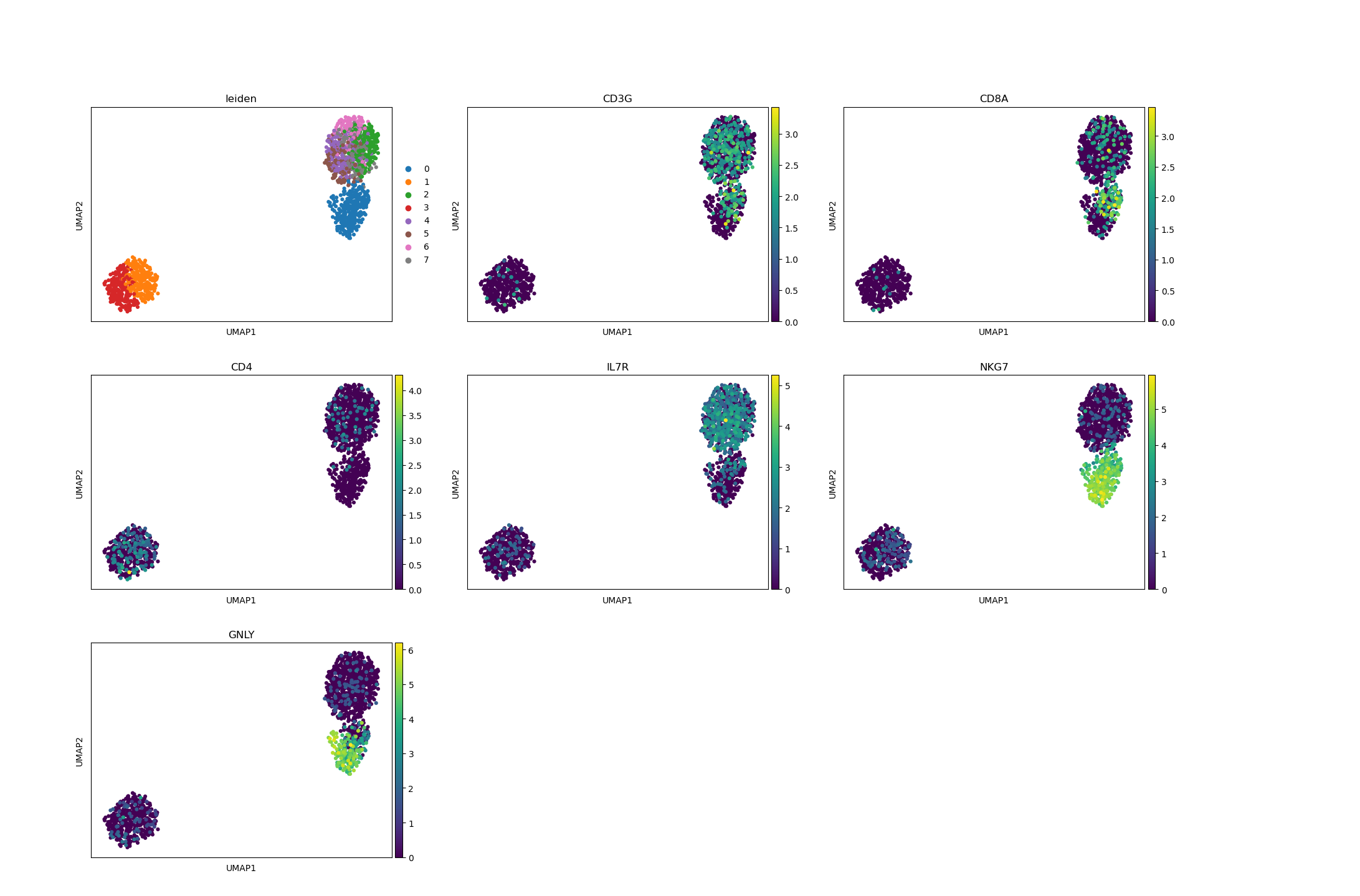 leiden, CD3G, CD8A, CD4, IL7R, NKG7, GNLY